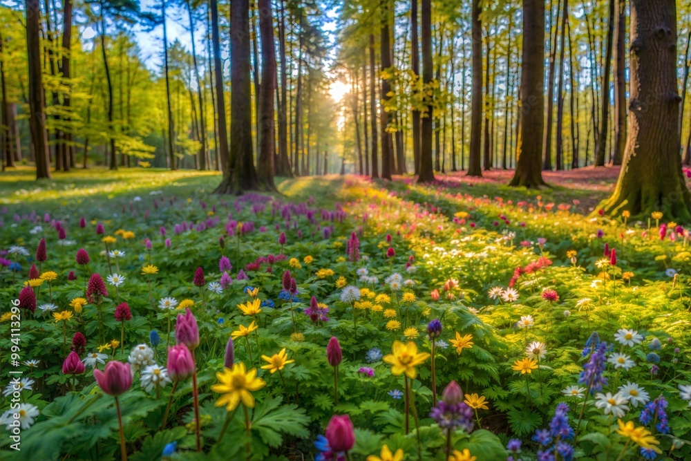 Fototapeta premium Forest floor covered in wildflowers with sunlight