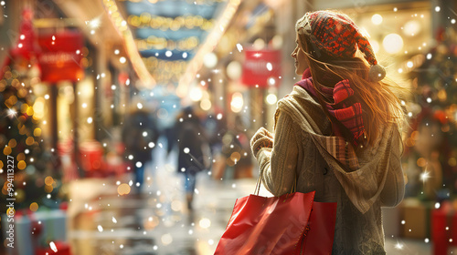 girl shopping with shopping bags christmas market