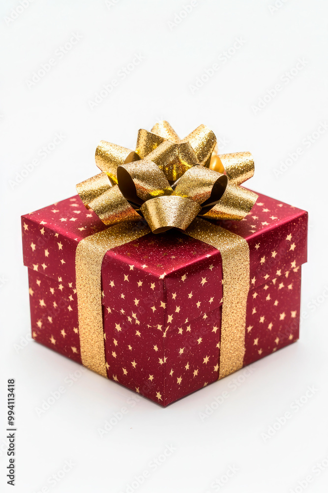 Obraz premium Red gift box wrapped with gold bow and ribbon isolated on white background