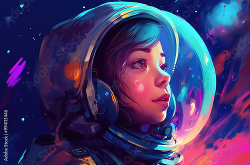girl character in astronaut helmet, cartoon art
