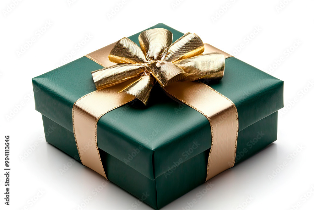 green gift box wrapped with gold bow and ribbon isolated on white background green gift box wrapped with gold bow and ribbon isolated on white background