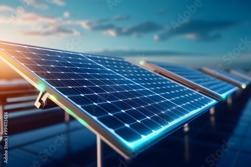 A conceptual of an innovative new sustainable energy source for the future world featuring glowing futuristic solar panels and advanced clean energy technology photo