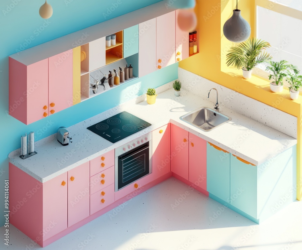 A colorful modern kitchen featuring pink and blue cabinets, a sink, and a stove. A colorful modern kitchen featuring pink and blue cabinets, a sink, and a stove.