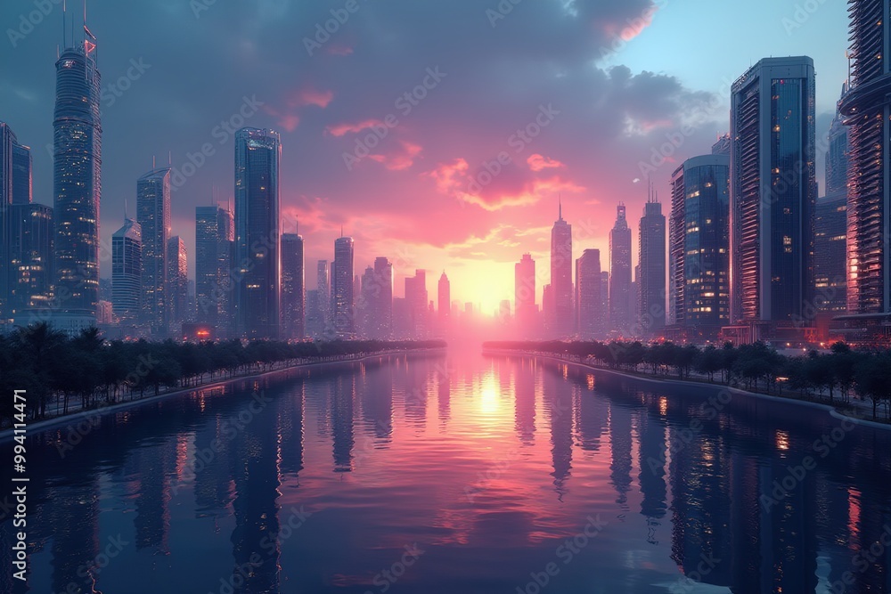 Serene urban sunset over futuristic cityscape reflections. Serene urban sunset over futuristic cityscape reflections.