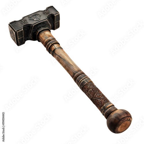 Carved wooden warhammer with norse mythology symbols lying on white background photo