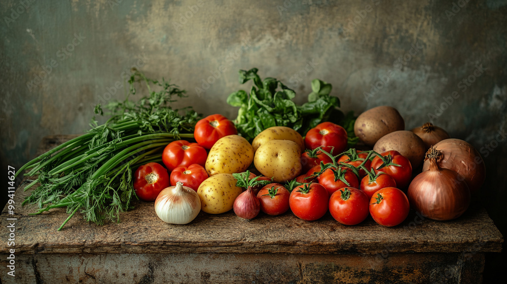 Freshly harvested vegetables including tomatoes, potatoes, and greens arranged on a rustic wooden table in soft lighting Freshly harvested vegetables including tomatoes, potatoes, and greens arranged on a rustic wooden table in soft lighting