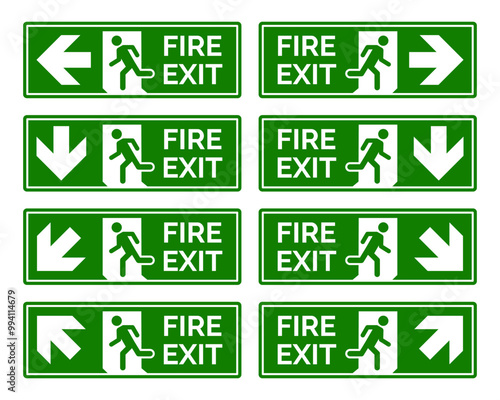 Emergency exit sign set. Man running out fire exit. Running man and exit door sign. Escape help evacuation. Safety vector symbol.