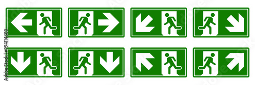 Emergency exit sign set. Man running out fire exit. Running man and exit door sign. Escape help evacuation. Safety vector symbol.