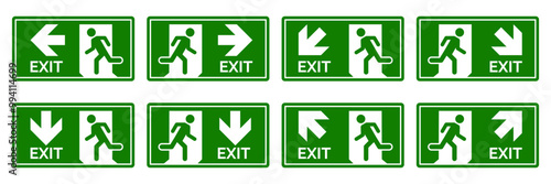 Emergency exit sign set. Man running out fire exit. Running man and exit door sign. Escape help evacuation. Safety vector symbol.