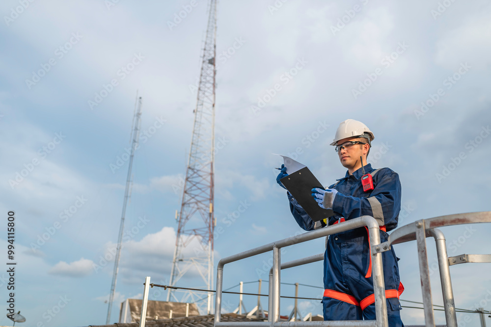 Engineer in Full Safety Gear Climbing a Ladder to Inspect Communication Signals and Industrial Machinery at a High-Risk Transportation Facility Engineer in Full Safety Gear Climbing a Ladder to Inspect Communication Signals and Industrial Machinery at a High-Risk Transportation Facility