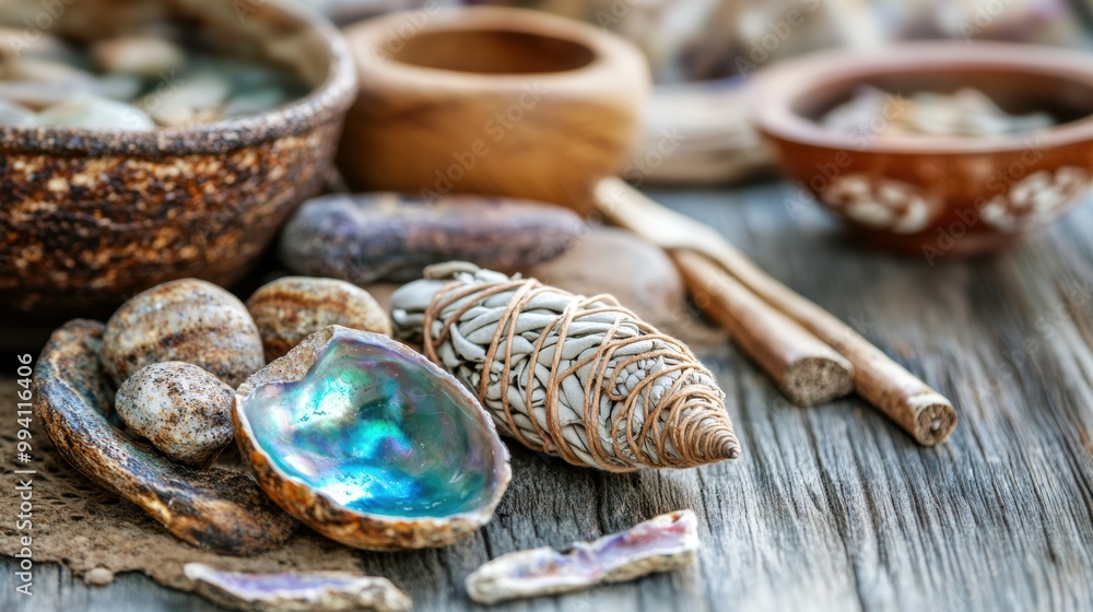 Ocean treasures on wooden table with shimmering seashell pearls Ocean treasures on wooden table with shimmering seashell pearls