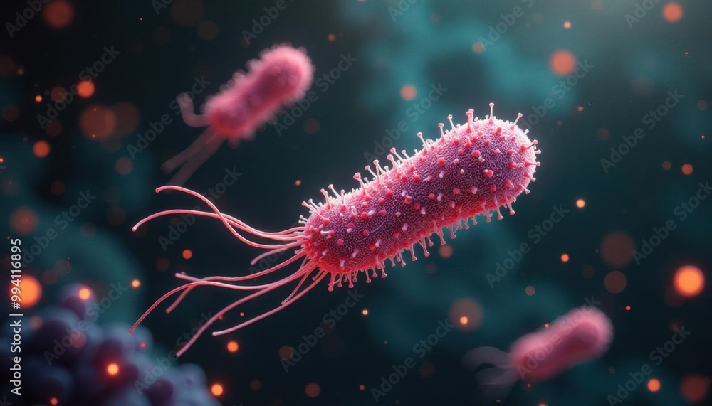 Vibrant close-up of bacteria showing unique structures and textures, set against a soft, blurred background that enhances its microscopic detail. Vibrant close-up of bacteria showing unique structures and textures, set against a soft, blurred background that enhances its microscopic detail.