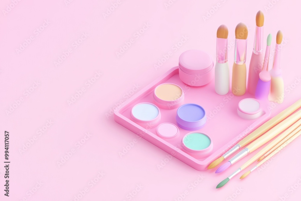 A pastel makeup set with brushes and containers on a pink background. A pastel makeup set with brushes and containers on a pink background.