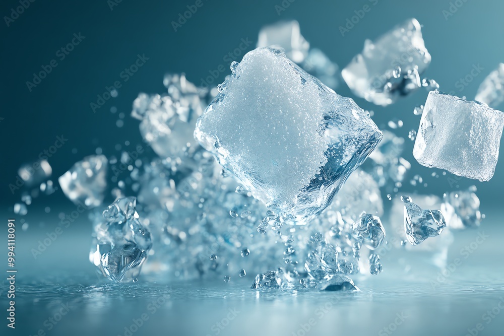 Obraz premium A 3D rendering of a salt crystal dissolving in water, highlighting the importance of mineral salts for hydration and body balance. 3D, High Detail, Cool Tones