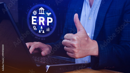 ERP Concept, Enterprise resource planning concept, analyzing ERP system on virtual screen, Connections between business intelligence, HR and CRM modules. photo