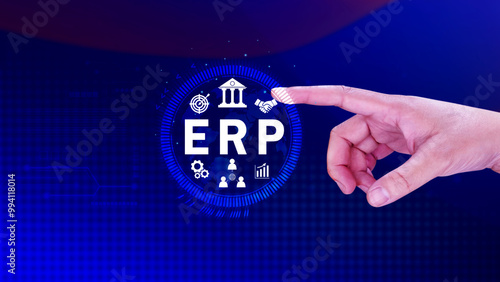 ERP Concept, Enterprise resource planning concept, analyzing ERP system on virtual screen, Connections between business intelligence, HR and CRM modules. photo