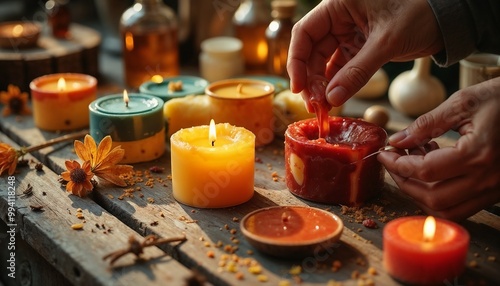 Candle making on a rustic workbench surrounded by various colored waxes and accessories
