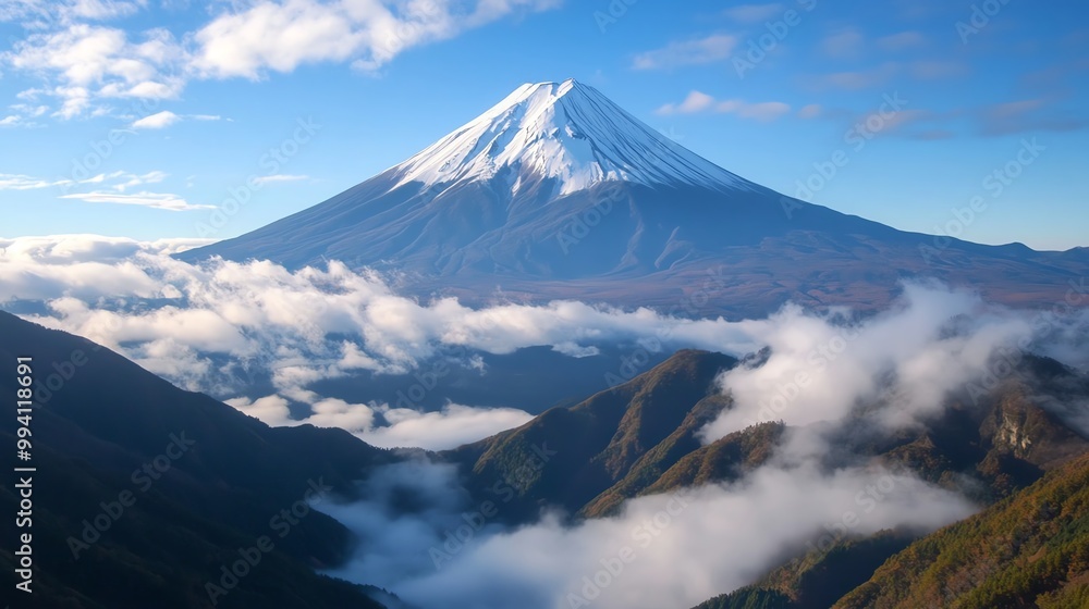 Majestic snow-capped mountain peak rising above clouds on a clear day, showcasing stunning natural beauty and tranquil scenery. Majestic snow-capped mountain peak rising above clouds on a clear day, showcasing stunning natural beauty and tranquil scenery.