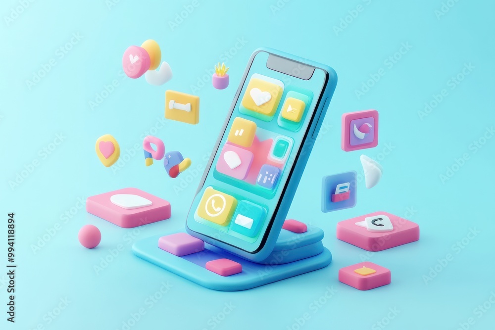 A 3D illustration of a smartphone with colorful app icons floating around it. A 3D illustration of a smartphone with colorful app icons floating around it.