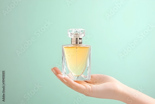 A captivating image showcasing a hand holding an exquisite beautifully crafted glass perfume bottle with a delicate art deco inspired geometric design against a serene pastel green background photo