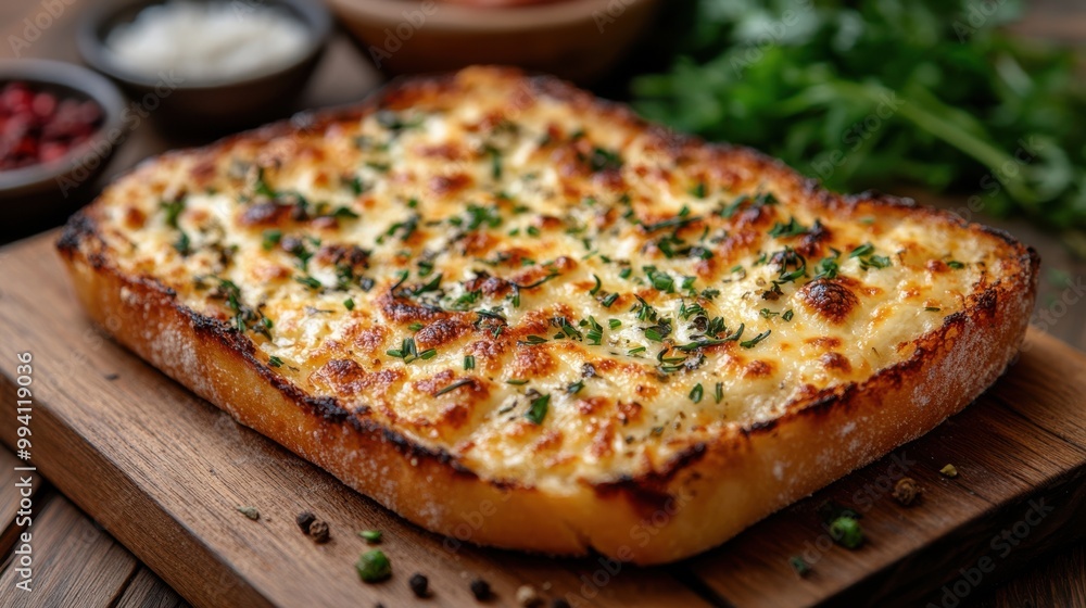 A Crispy and Cheesy Bread with Fresh Herbs on a Wooden Board A Crispy and Cheesy Bread with Fresh Herbs on a Wooden Board