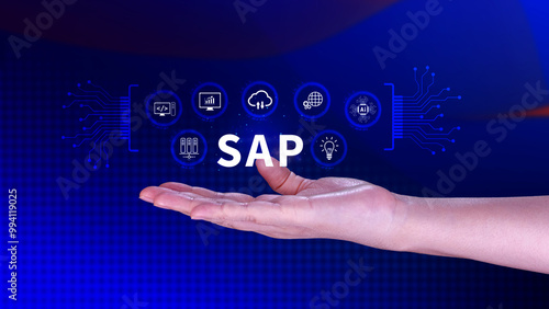 SAP system concept, SAP System Application Products, Business process automation and management software concept, management solutions.