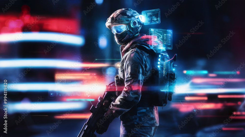 A futuristic soldier or mercenary, equipped with advanced technology. The individual wears a helmet with holographic interfaces, a mask, and a tactical vest. A futuristic soldier or mercenary, equipped with advanced technology. The individual wears a helmet with holographic interfaces, a mask, and a tactical vest.