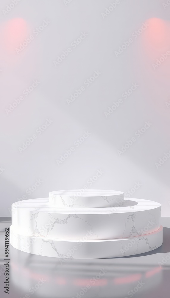 Minimalist white marble podium with soft pink lighting. Minimalist white marble podium with soft pink lighting.