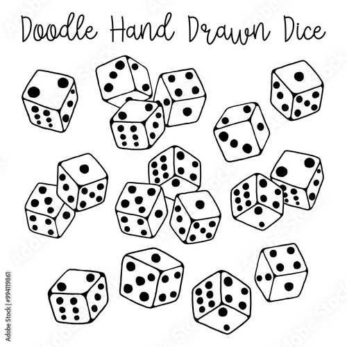 Set of black line doodle Dice on white background. Message 'Doodle Hand Drawn Dice' on Top. Vector illustration.