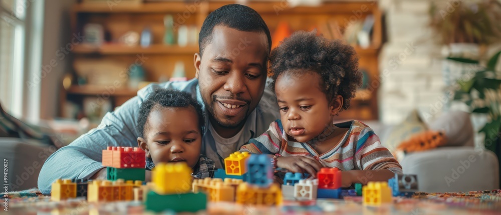 Father and two young children playing with building blocks at home. Father and two young children playing with building blocks at home.
