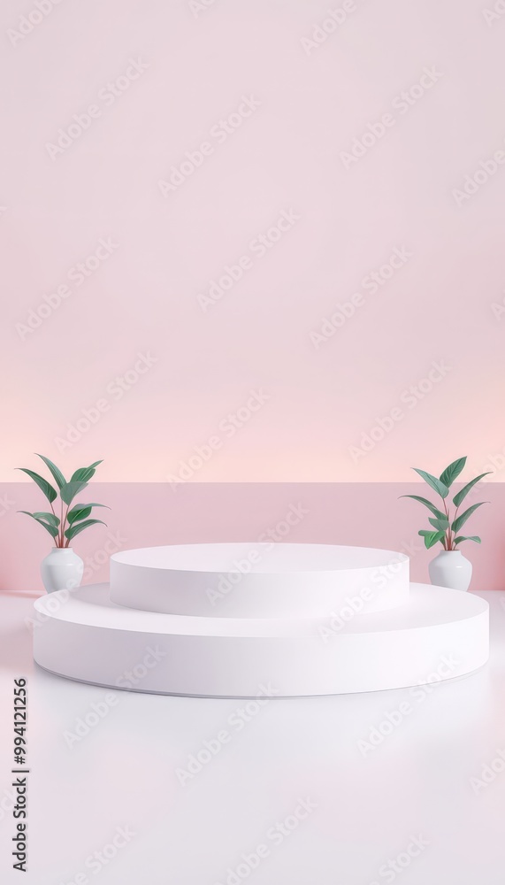 Minimalist white podium on pink background with plants. Minimalist white podium on pink background with plants.