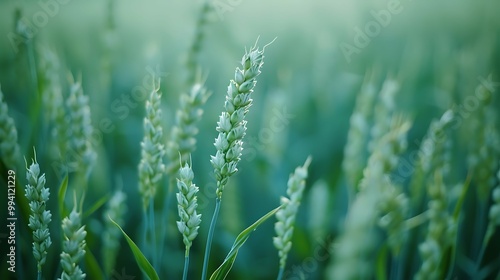 green wheat ears in a field with a soft-focus background.
