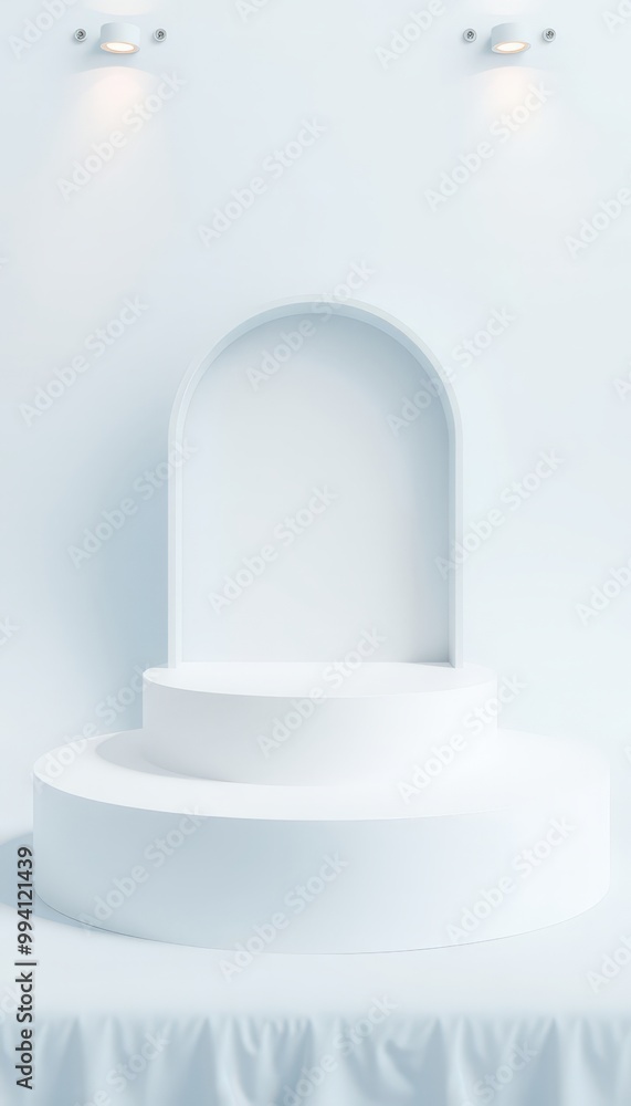 Minimalist white podium with arch and lights for product display. Minimalist white podium with arch and lights for product display.