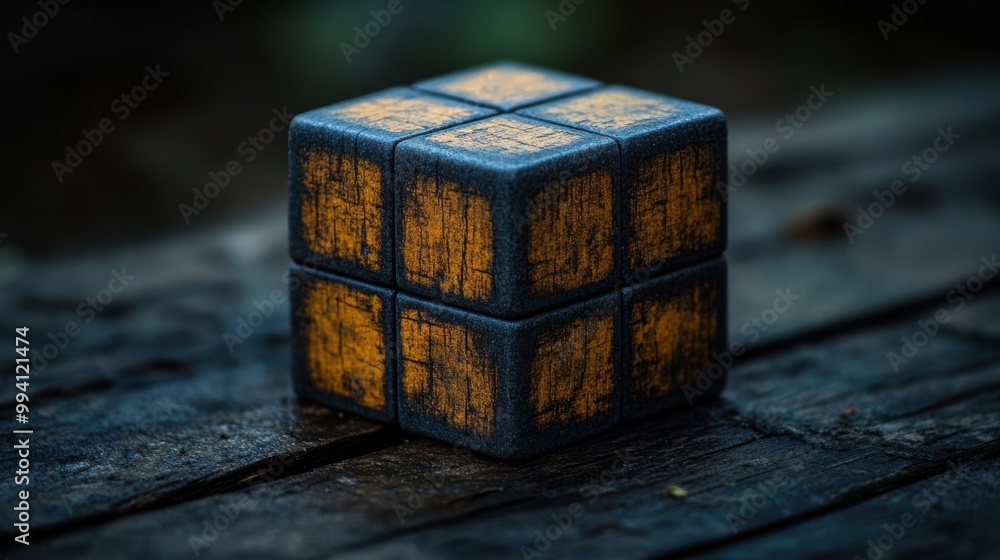 Obraz premium A dark blue cube with gold accents rests on a weathered wooden surface, the textured wood and the intricate details of the cube creating a captivating contrast