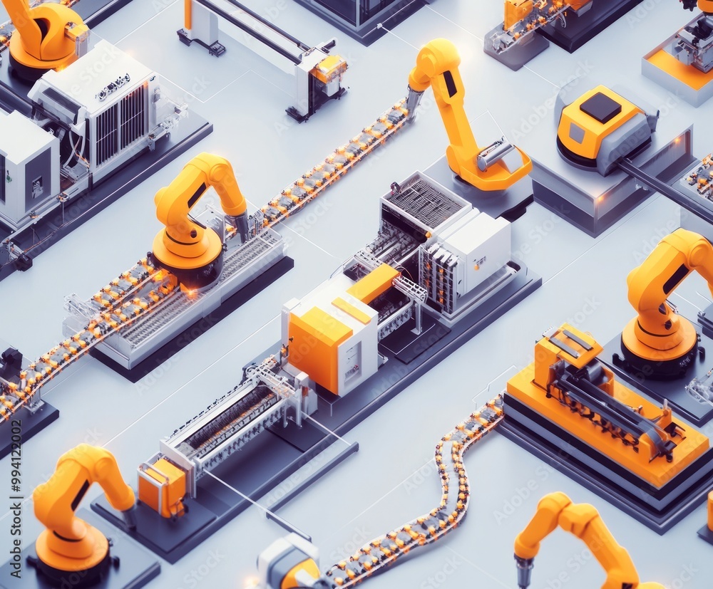 A modern industrial scene showcasing robotic arms and automated machinery in a factory setting. A modern industrial scene showcasing robotic arms and automated machinery in a factory setting.
