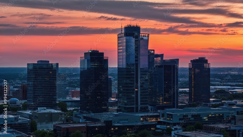Naklejka premium aerial view of modern buildings at sunset