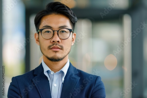 Portrait of a confident young businessman wearing glasses and formal attire, standing outdoors and looking directly at the camera with a serious expression.