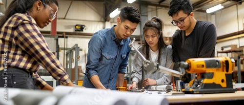 Wallpaper Mural Group of diverse college students participating in a collaborative engineering project with tools and blueprints Torontodigital.ca