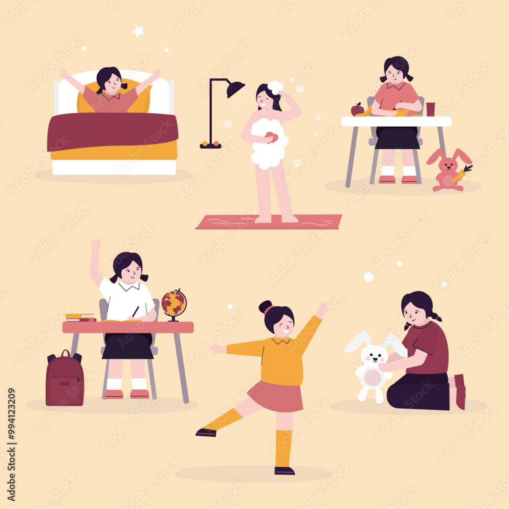 Funny girl, happy child daily routine health and hygiene activity set. Everyday kids activities. Little child awakening and doing exercises. Domestic pastime. Funny girl, happy child daily routine health and hygiene activity set. Everyday kids activities. Little child awakening and doing exercises. Domestic pastime.