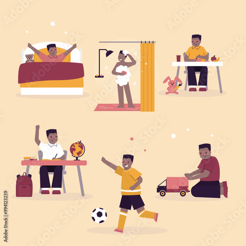 African american boy daily routine health and hygiene, activity set. Everyday kids activities. Little child awakening and doing exercises. Domestic pastime.