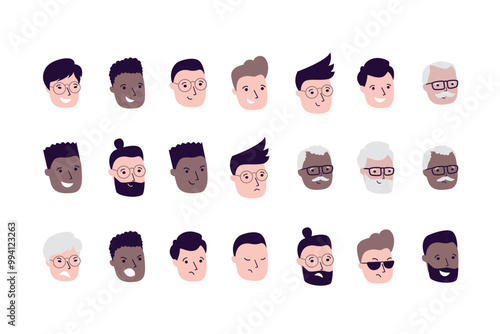 Male characters avatar set. Handsome portraits of multiethnic men with different hairstyles isolated on white background. Big collection of various men faces.
