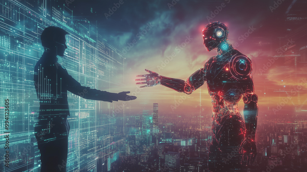Obraz premium Human and humanoid robot reaching for handshake, artificial intelligence, future collaboration, digital transformation, technology partnership, innovation, virtual connection, sci fi business concept.