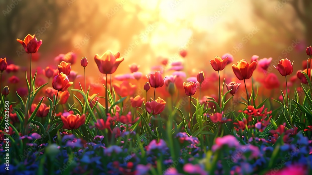 Obraz premium Vibrant enchanting blooms blooming in a beautiful field beneath a brilliant