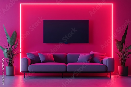 A modern living room with a pink backdrop, featuring a stylish sofa, neon lights, and a wall-mounted television for a vibrant atmosphere.