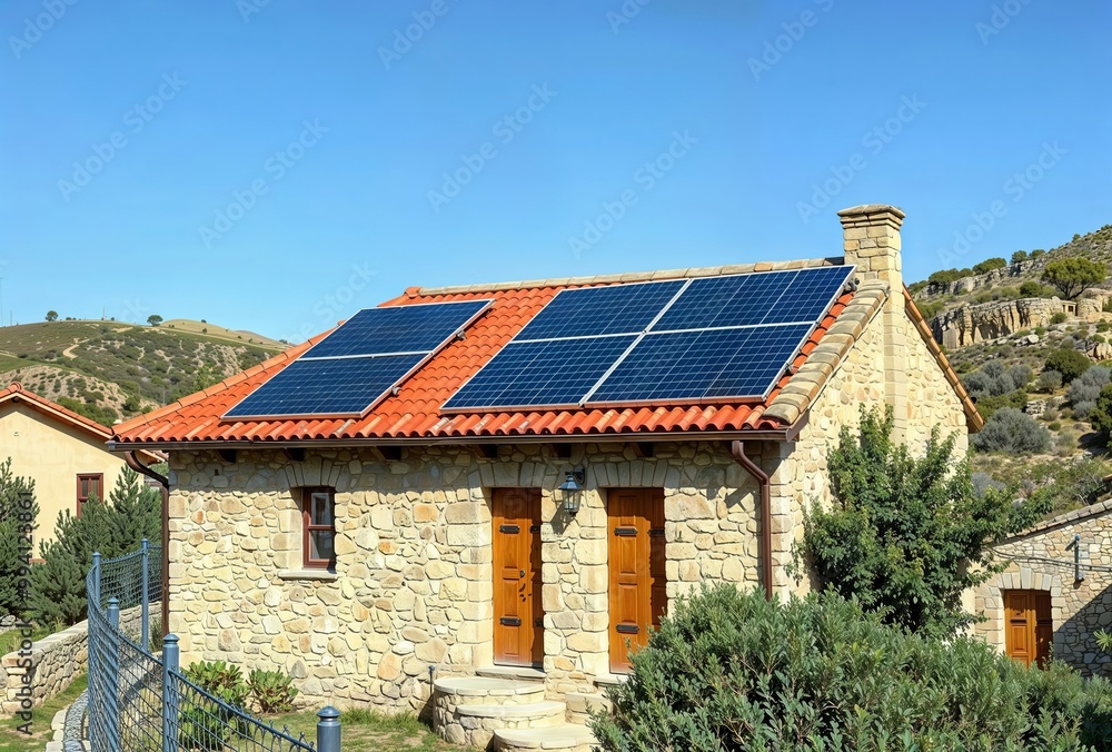 Solar panels on house. A stone house with solar panels on its roof, demonstrating residential renewable energy use. Solar panels on house. A stone house with solar panels on its roof, demonstrating residential renewable energy use.