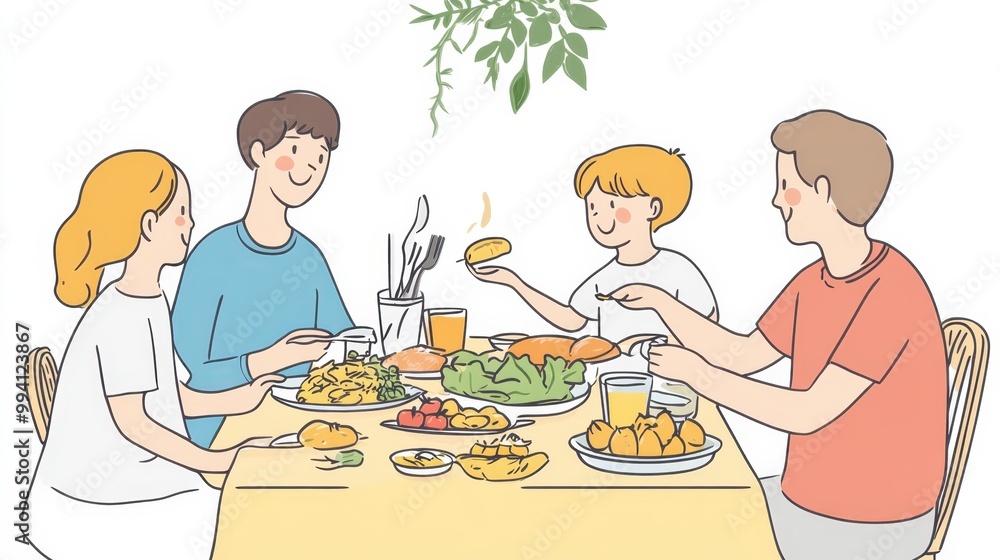 A family enjoying a nutritious, homemade meal together at a dining table. A family enjoying a nutritious, homemade meal together at a dining table.