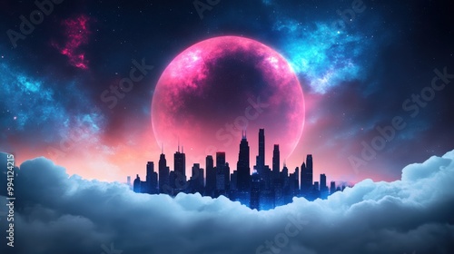 A cityscape silhouetted against a sky filled with swirling nebulae, each building adorned with glowing, alien symbols.