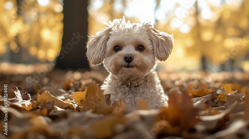 Capturing the Beauty of Fall: A Dog's Perspective: Delve into a narrative that showcases the sights and sounds of autumn from the perspective of a Maltipoo. Highlight the excitemen photo