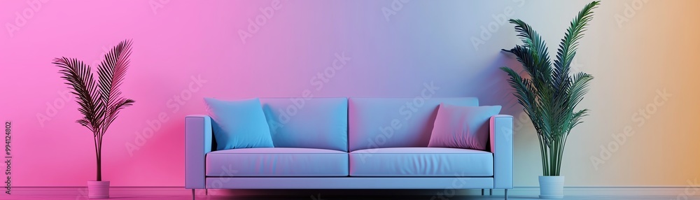 Modern couch with colorful backdrop and green plants, perfect for chic living room decor or contemporary interior design. Modern couch with colorful backdrop and green plants, perfect for chic living room decor or contemporary interior design.