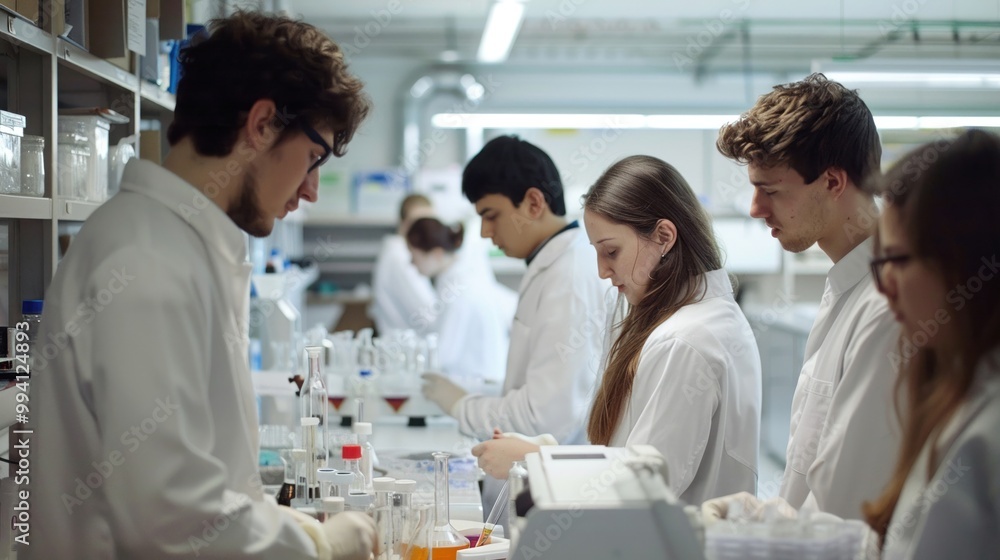 Fototapeta premium Group of university students collaborating on a research project in a modern laboratory with scientific equipment and bright